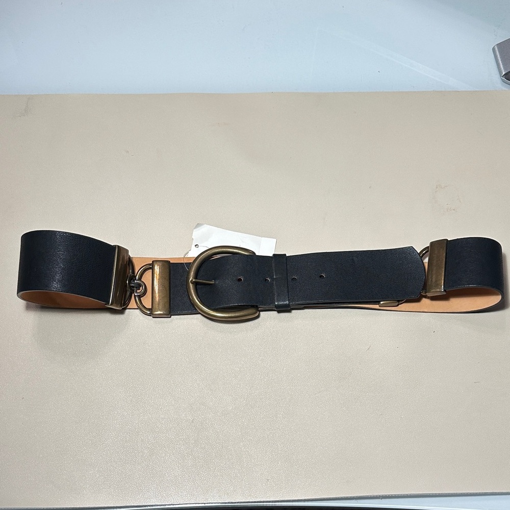 Elegant Black Leather Belt with gold accents